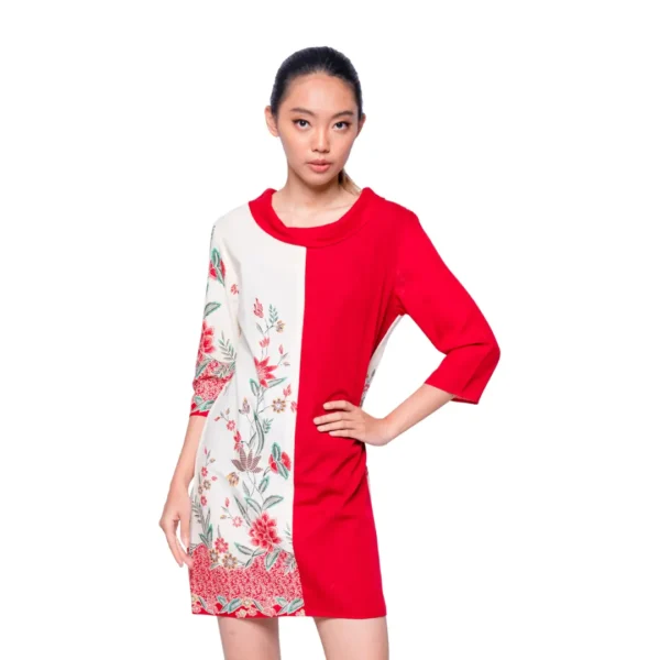 BATIK DRESS KATUN MOTIF BUNGA BUKETAN MERAH PUTIH LIMITED MISSELLE
