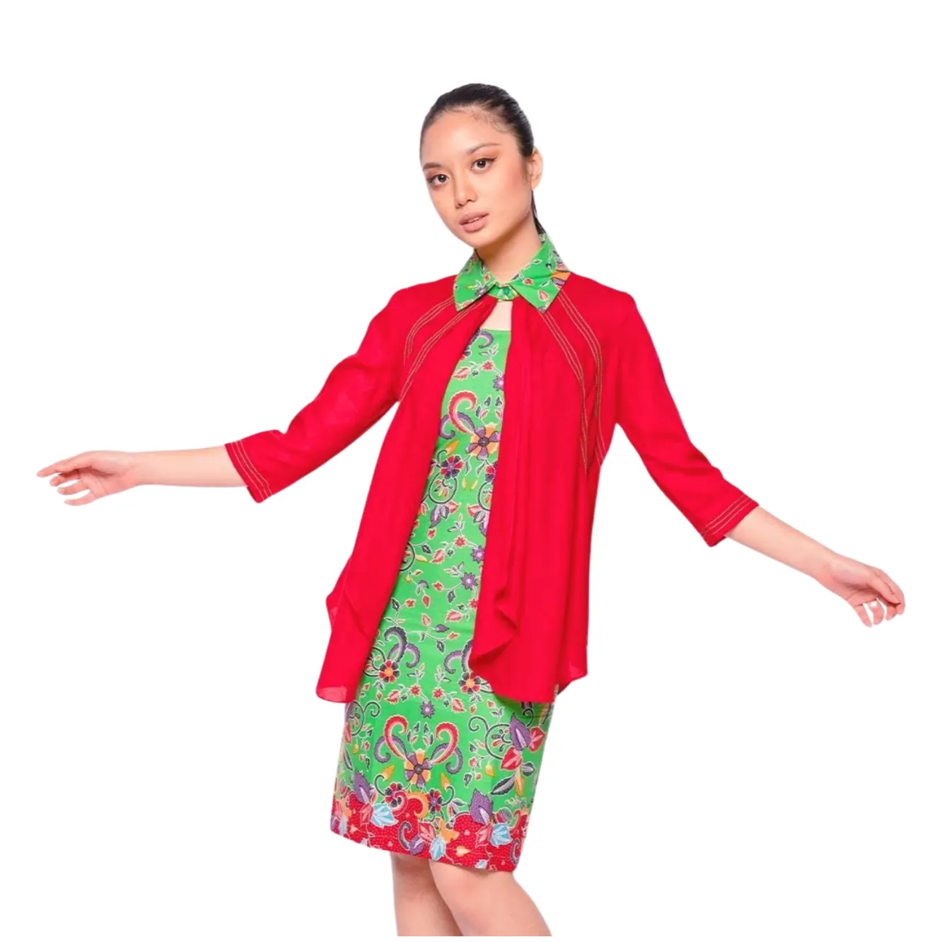 BATIK SET OUTER DAN DALAMAN KEMBANGAN KENDI HIJAU TUA, HIJAU MUDA, MERAH LIMITED MISSELLE - Image 3